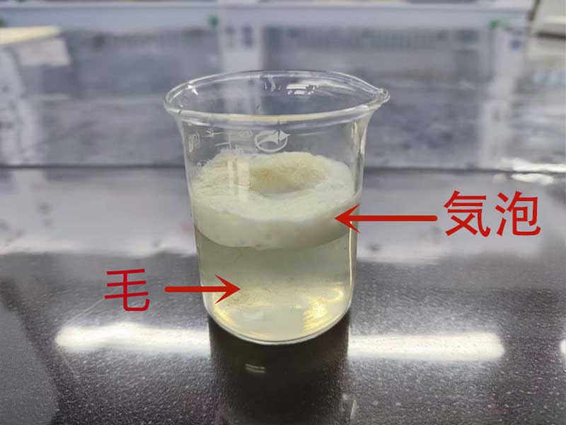 次亜塩素酸ナトリウム溶液による羊毛の溶解 (気泡を発生させながら羊毛が溶解している様子)